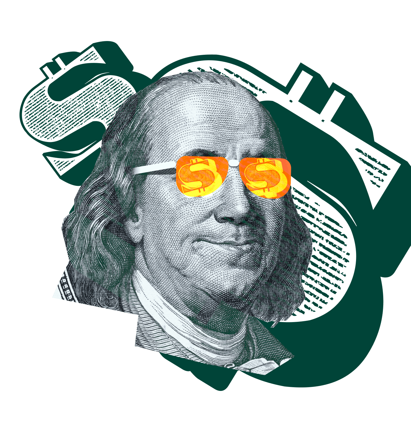 Benjamin Franklin wearing golden sunglasses with dollar signs, set against green background with dollar symbols