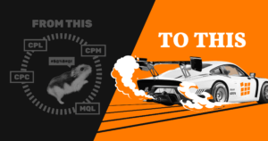 A contrast image showing a hamster wheel labeled "FROM THIS" with CPL, CPM, CPC, and MQL, transitioning to a race car labeled "TO THIS" 