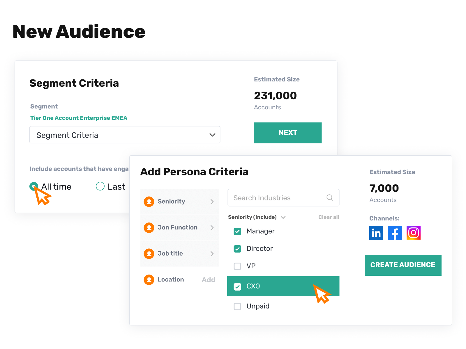 New Audience creation with Segment and Persona Criteria, with filters like Manager, Director, VP, CXO, and estimated size preview