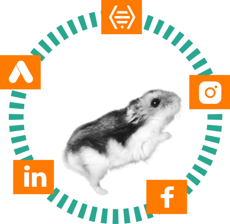 Hamster surrounded by social media and ad platform icons including Google Ads, LinkedIn, Instagram, and Facebook
