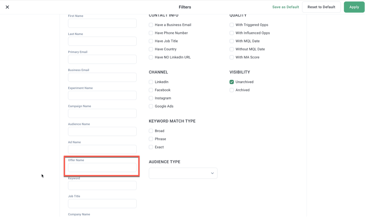 REPORTS - Filters for Leads Table